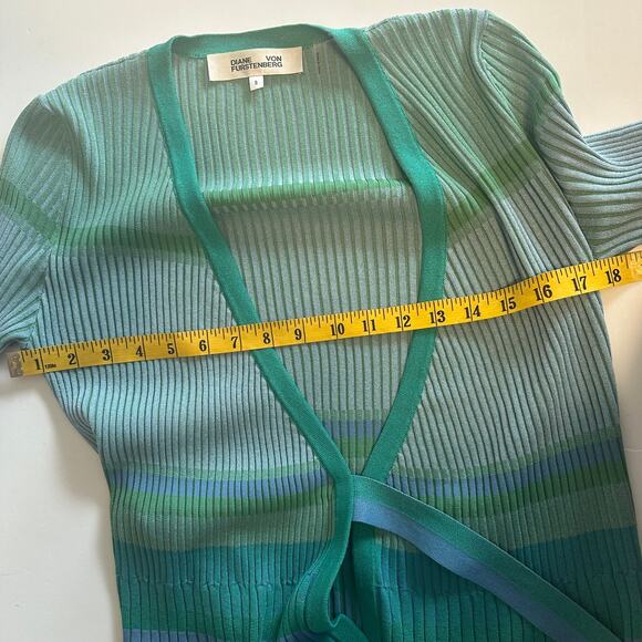 Diane von Furstenberg Lyric Wrap Sweater Womens Small Stripe Cloud Turquoise - Picture 9 of 11
